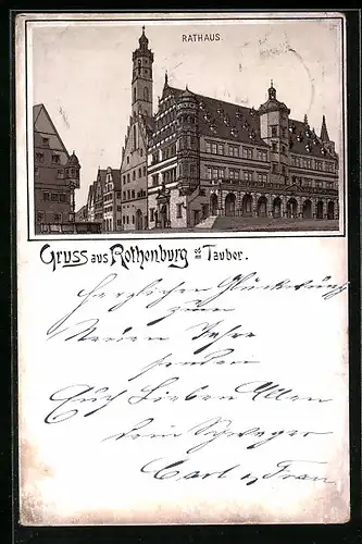 Vorläufer-Lithographie Rothenburg ob der Tauber, 1891, Ansicht vom Rathaus