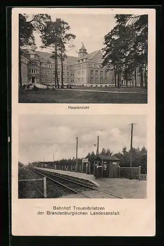 AK Treuenbrietzen, Hauptansicht der Brandenburgischen Landesanstalt und Bahnhof