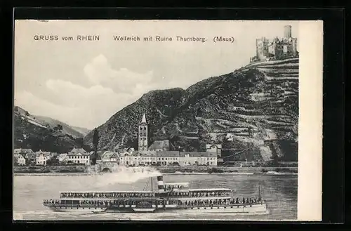 AK Wellmich /Rhein, Ort mit Ruine Thurnberg, Dampfer Rheingold