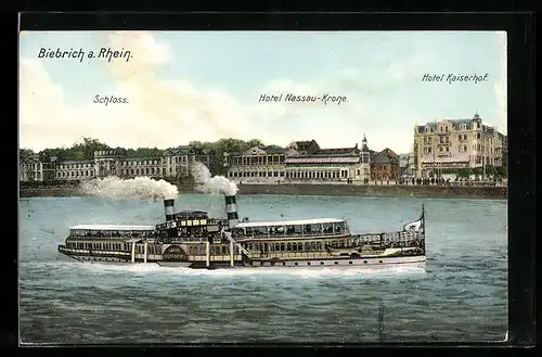 AK Biebrich a. Rhein, Schloss, Hotel Nassau-Krone, Hotel Kaiserhof, Dampfer