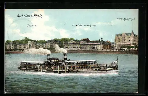 AK Biebrich a. Rhein, Dampfer, Schloss, Hotel Nassau-Krone, Hotel Kaiserhof