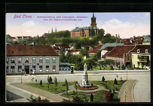 AK Bad Cleve, Schwanenburg und Lohengrin-Denkmal von der Emmerichstrasse aus