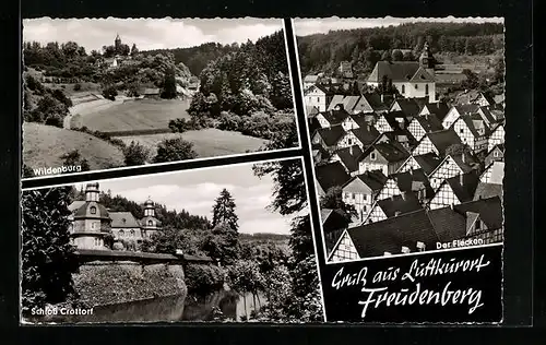 AK Freudenberg /Kr. Siegen, Ortsansichten mit Schloss Crottorf, Wildenburg, Kirche