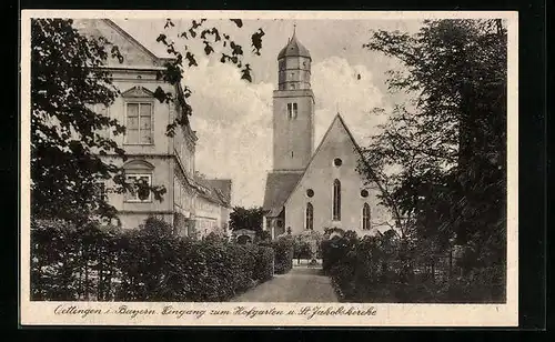 AK Oettingen i. Bayern, Eingang zum Hofgarten und St. Jakobskirche
