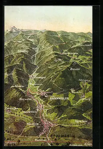 Künstler-AK Schweighof, Landkarte mit umliegenden Orten und Belchen