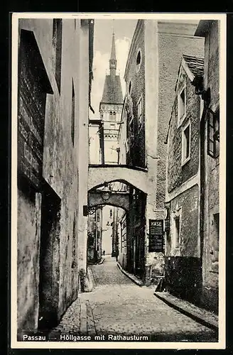 AK Passau, Strassenpartie Höllgasse Ecke Steiningergasse mit Rathausturm