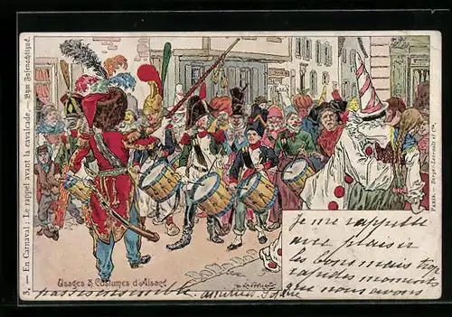 Künstler-AK sign. P. Kauffmann: Usages & Costumes d`Alsace, Festumzug mit Trommlern