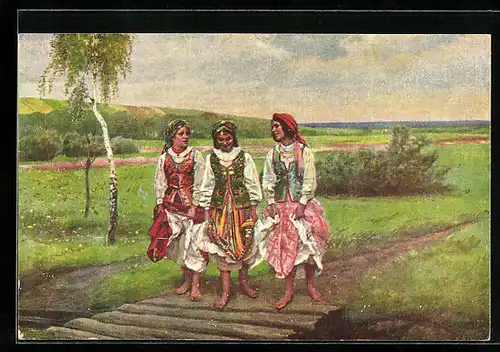 AK Polnische Bäuerinnen laufen barfuss über die Holzbohlen