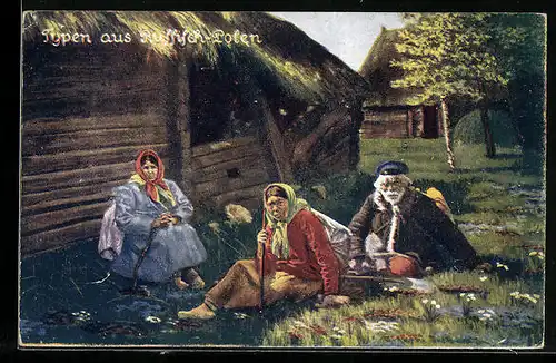 AK Polnische Bauern sitzen auf der Wiese vor einem Haus