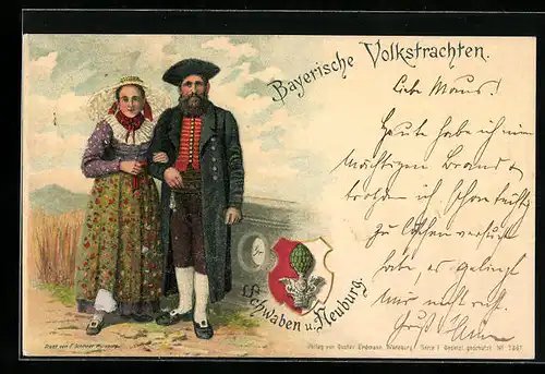 Lithographie Augsburg, Paar in bayerischer Tracht