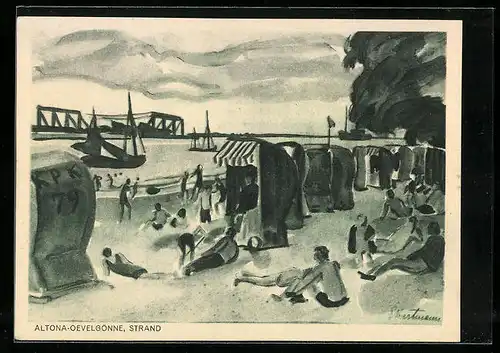 Künstler-AK Hamburg-Altona, Badegäste und Strandkörbe am Strand