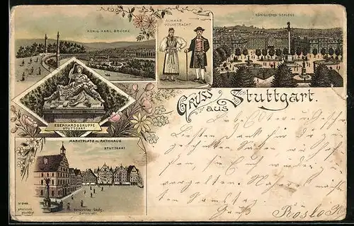 Lithographie Stuttgart, König Karl Brücke, Königliches Schloss und Rathaus