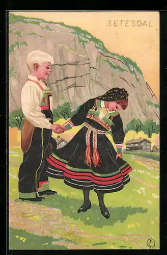 Künstler-AK Junges Paar in norwegischer Tracht aus Setesdal