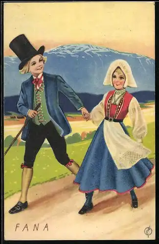 Künstler-AK Junges Paar in norwegischer Tracht aus Fana