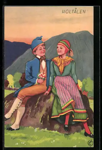 Künstler-AK Junges Paar in norwegischer Tracht aus Holtalen