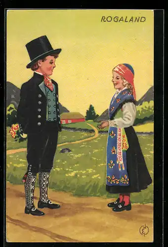 Künstler-AK Junges Paar in norwegischer Tracht aus Rogaland