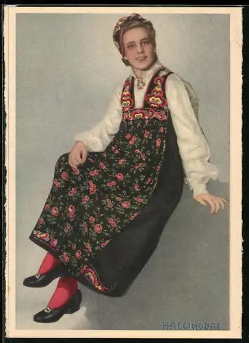 AK Norwegerin in Tracht von Hallingdal