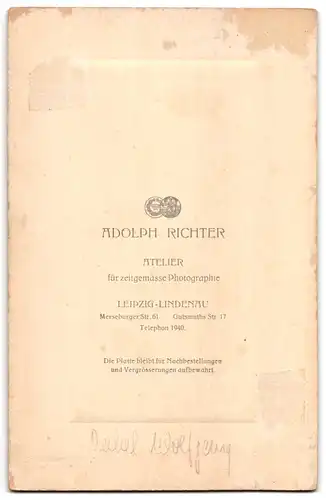 Fotografie Adolph Richter, Leipzig, niedliches Kind im Kleid mit Spielzeug Pferd und Peitsche