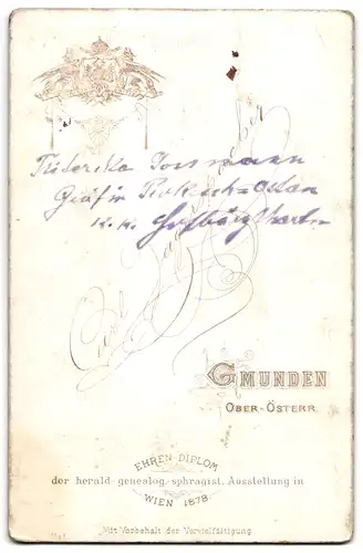 Fotografie Carl Jagerspacher, Gmunden, Portrait Friederike Grossmann, Gräfin Prokesch von Osten, Autograph, 1883