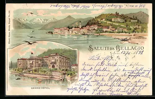 Lithographie Bellagio, Grand Hotel, Ortsansicht