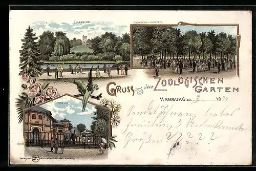 Lithographie Hamburg, Zoologischer Garten, Anton, Eulenberg, Conzert-Garten