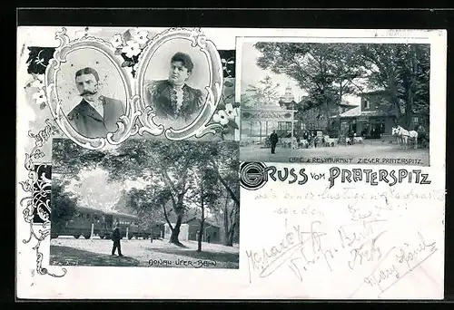 AK Wiener Prater, Cafe Restaurant Zieger, Praterspitz, Donau-Ufer-Bahn