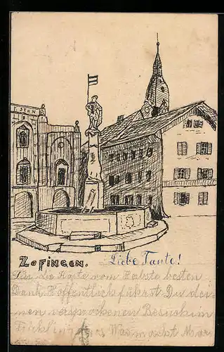 Künstler-AK Handgemalt: Zofingen, Brunnen mit Studentenbildnis