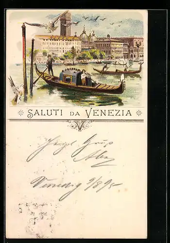 Vorläufer-Lithographie Venezia, 1895, Gondoliere, Markusturm