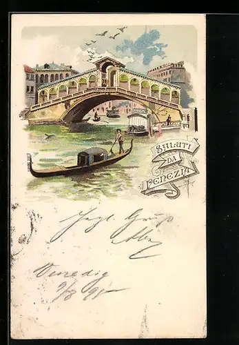Vorläufer-Lithographie Venezia, 1895, Gondoliere am Rialto