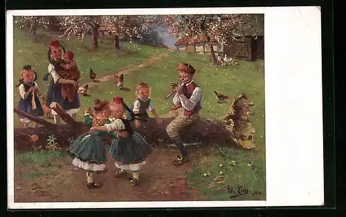 AK Kinder tanzen auf der Wiese, hessische Tracht