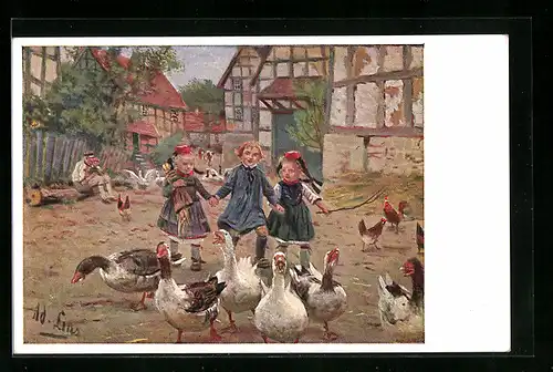 AK Kinder spielen mit den Gänsen, hessische Tracht