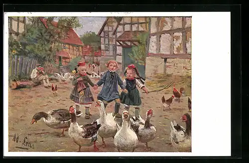 AK Kinder spielen mit den Gänsen, hessische Tracht