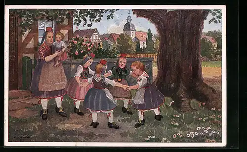 AK Kinder tanzen Ringelreihen, hessische Tracht