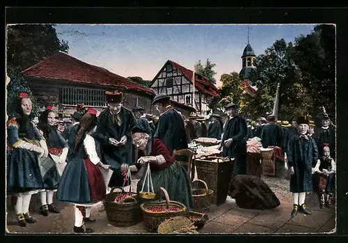 AK Menschen beim Markt in der Schwalm, hessische Tracht