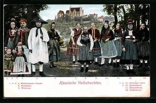 AK Gruppenbild junger Hessen, hessische Tracht
