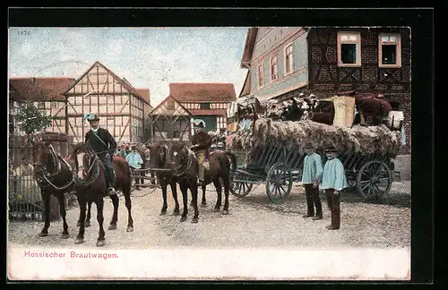 AK Hessischer Brautwagen zieht durch das Dorf, hessische Tracht