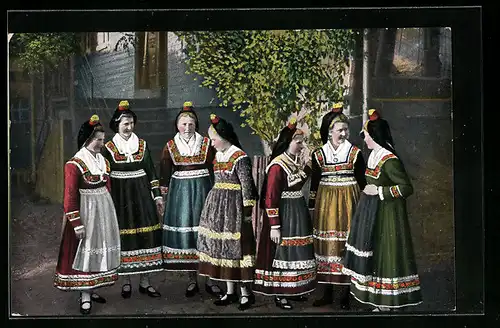 AK Hessenmädchen im Zwiegespräch, hessische Tracht