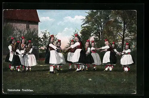 AK Kinder beim Tanz auf der Wiese, hessische Tracht
