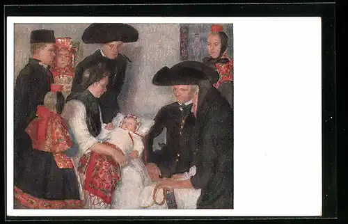 AK Familie feiert die Taufe, hessische Tracht