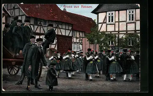 AK Paare beim Tanz, hessische Tracht