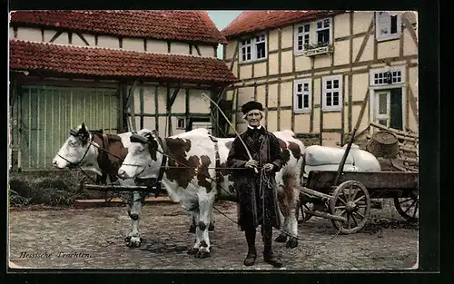 AK Mann mit Ochsenfuhrwerk, hessische Tracht