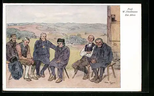 AK Alte Männer sitzen vor einem Haus, hessische Tracht