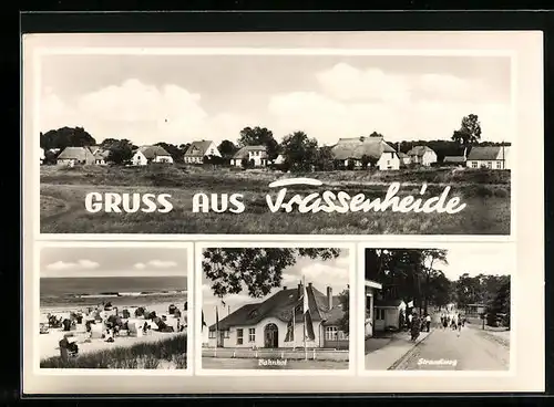 AK Trassenheide, Bahnhof, Strandweg und Ortsansicht
