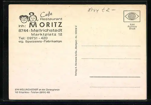 AK Mellrichstadt, Café-Restaurant-Eisfabrikation Josef Moritz, Marktplatz 12