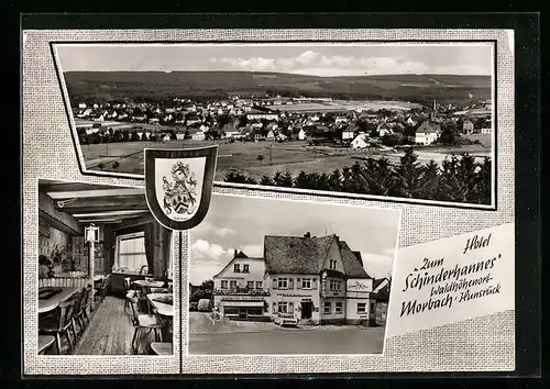 AK Morbach / Hunsrück, Gesamtansicht, Hotel Zum Schinderhannes, Wappen
