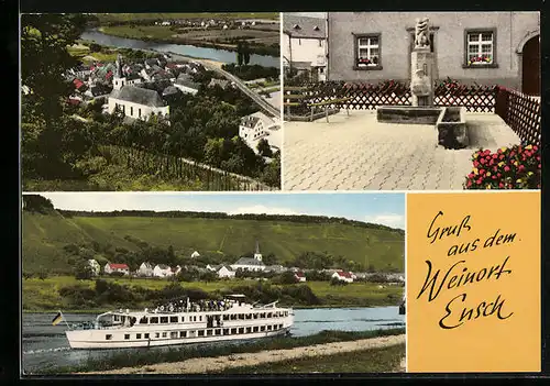 AK Ensch / Mosel, Ortsansicht mit Kirche, Brunnen, Dampfer auf der Mosel