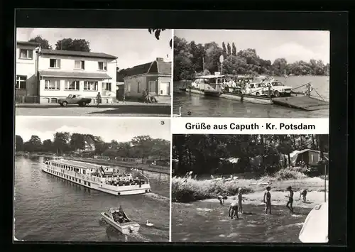 AK Caputh, Ferienheim der VEB Traktorenwerk Schönebeck, Seilfähre Tussy, Dampfer MS Sanssouci der Weissen Flotte