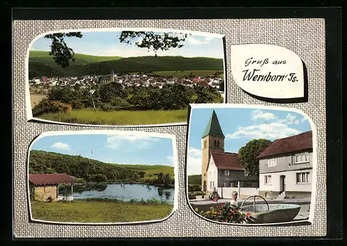 AK Wernborn / Ts., Ortsansicht, Kirche und Seepartie