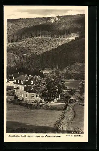 AK Manebach, Ortspartie mit Hotel Moosbach, Blick gegen den gr. Hermannstein