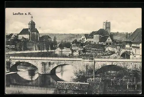 AK Lauffen a. N., Flusspartie mit Brücke